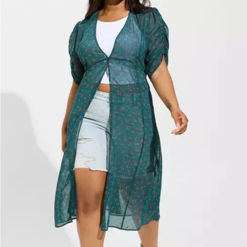 Torrid Chiffon Ruched Sleeve Kimono Teal Floral Midi Dress